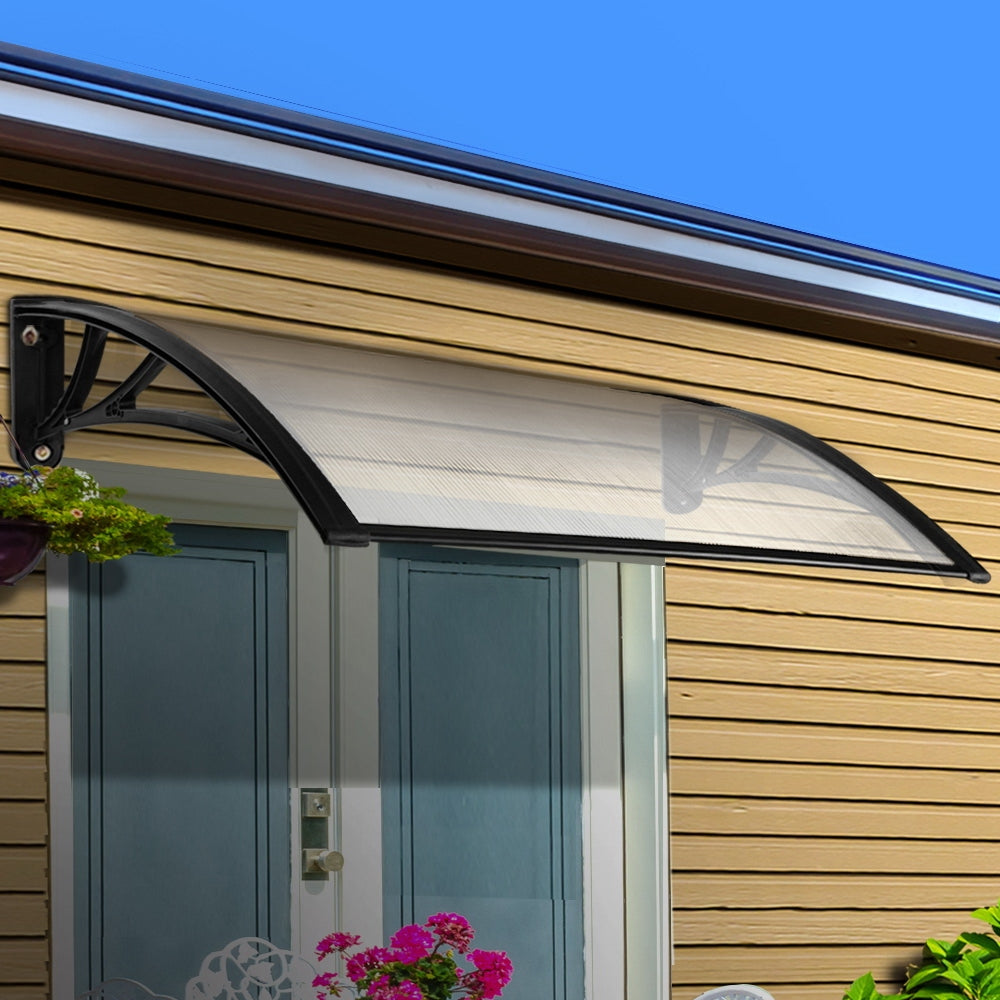 Instahut Window Door Awning Canopy 1mx2m Transparent Sheet Black Plastic Frame AWN-PC6MO-1X2