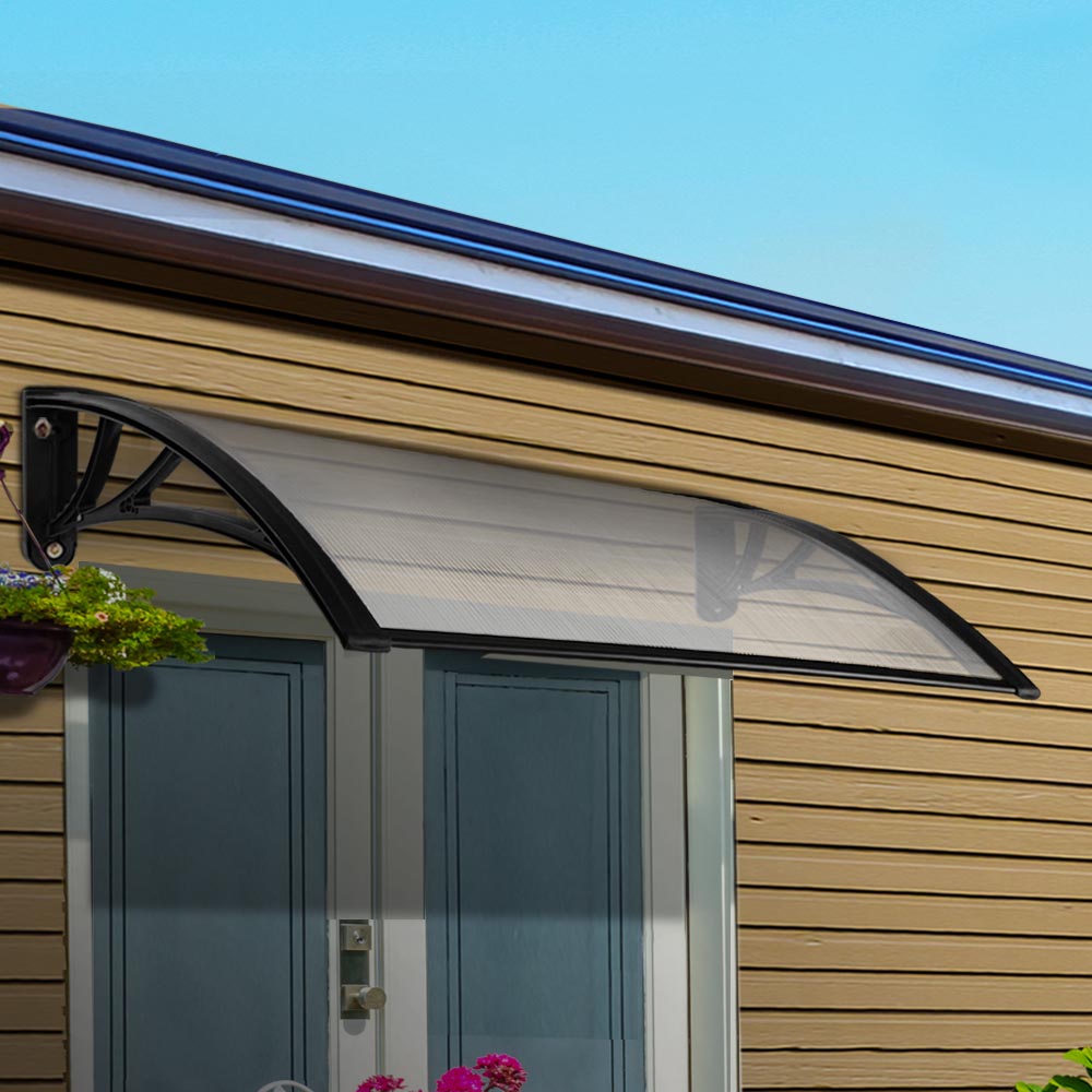 Instahut Window Door Awning Canopy 1mx2m Transparent Sheet Black Plastic Frame AWN-PC6MO-1X2
