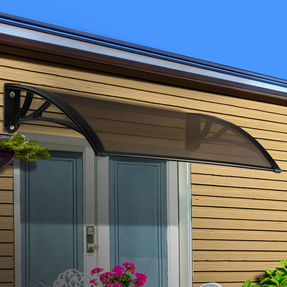 Instahut Window Door Awning Canopy 1mx2m Brown Sheet Black Plastic Frame AWN-PC6MO-1X2-BR
