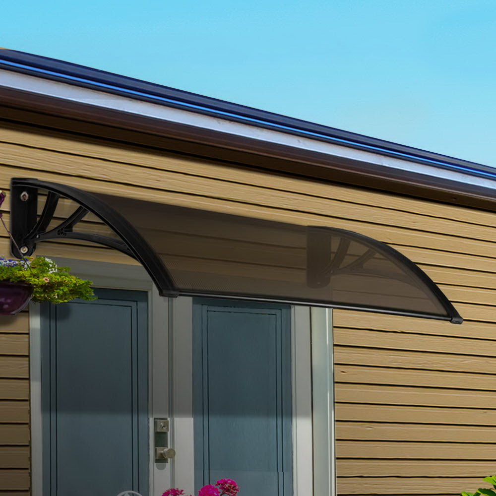 Instahut Window Door Awning Canopy 1mx2m Brown Sheet Black Plastic Frame AWN-PC6MO-1X2-BR