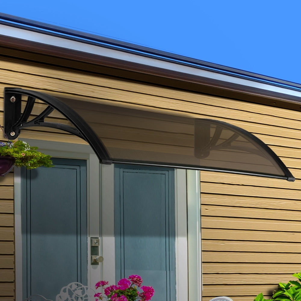 Instahut Window Awning Door Canopy 1m x 4m Brown Sheet Black Plastic Frame AWN-PC6MO-1X4-BR