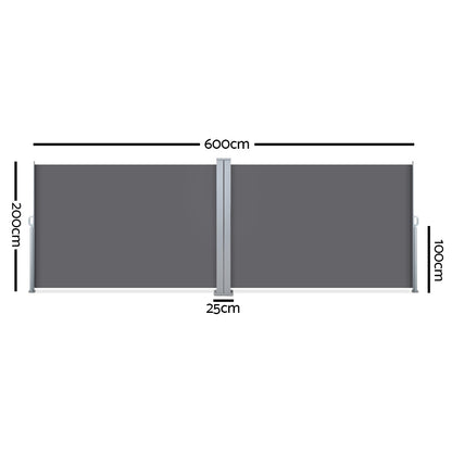 Instahut Side Awning Sun Shade Outdoor Retractable Privacy Screen 2MX6M Grey AWN-SIDE-BD-200-GREY