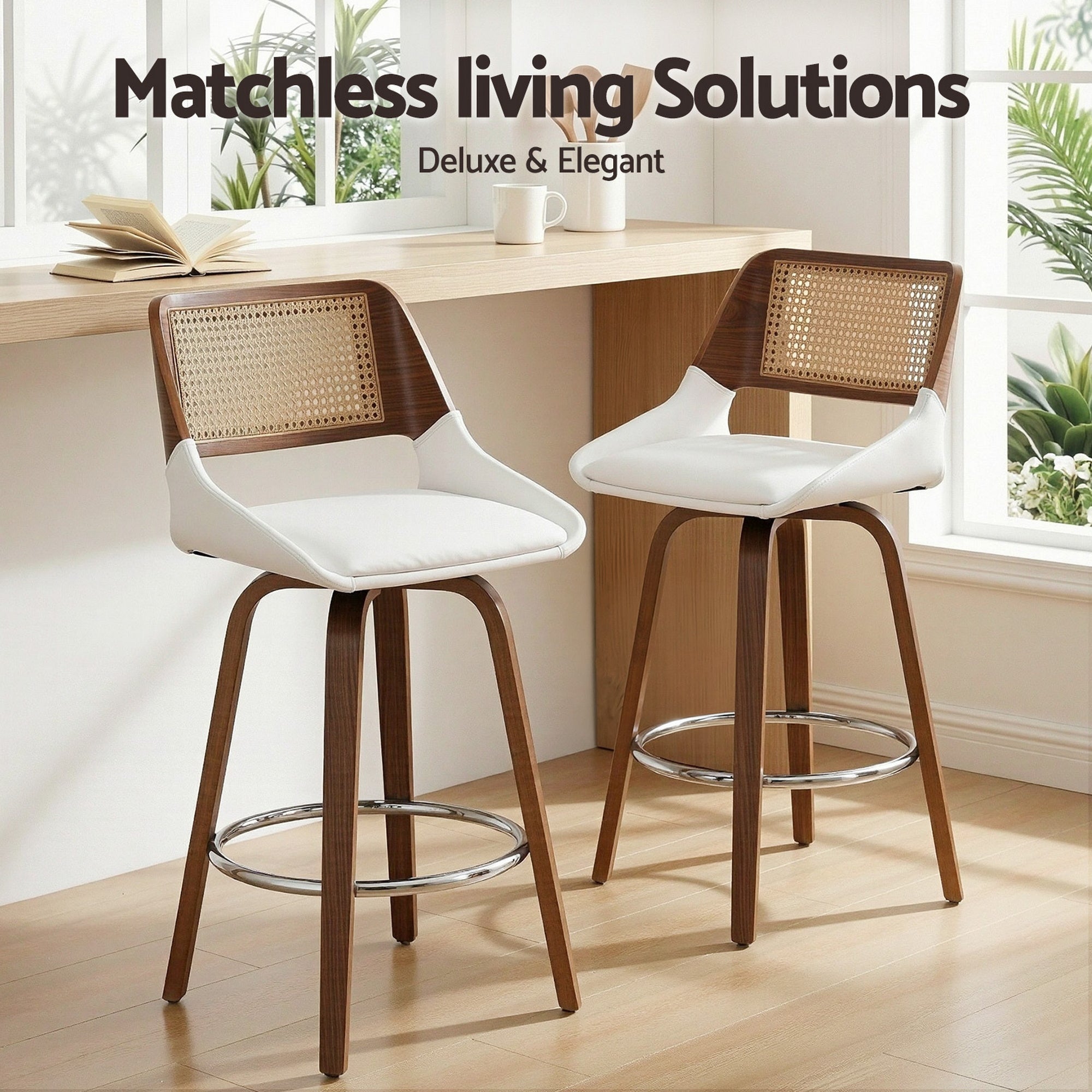 Artiss Wooden Bar Stools Set of 2 Swivel Kitchen Counter Stool Chair 60cm Seat Height BA-B-0369-RAT-WHX2