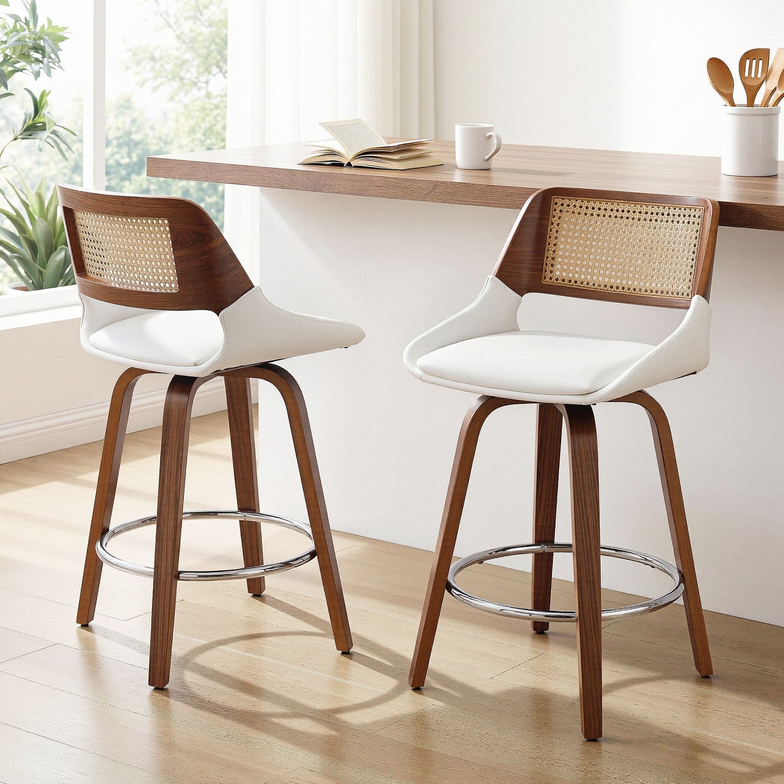 Artiss Wooden Bar Stools Set of 2 Swivel Kitchen Counter Stool Chair 60cm Seat Height BA-B-0369-RAT-WHX2