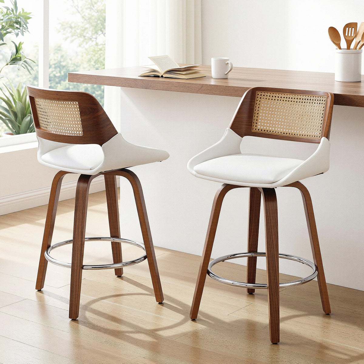 Artiss Wooden Bar Stools Set of 2 Swivel Kitchen Counter Stool Chair 60cm Seat Height BA-B-0369-RAT-WHX2