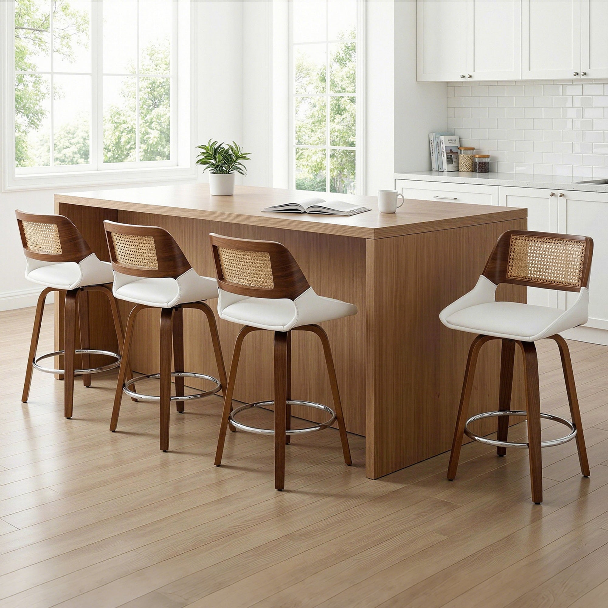 Artiss Wooden Bar Stools Set of 4 Swivel Kitchen Counter Stool Chair 60cm Seat Height BA-B-0369-RAT-WHX4