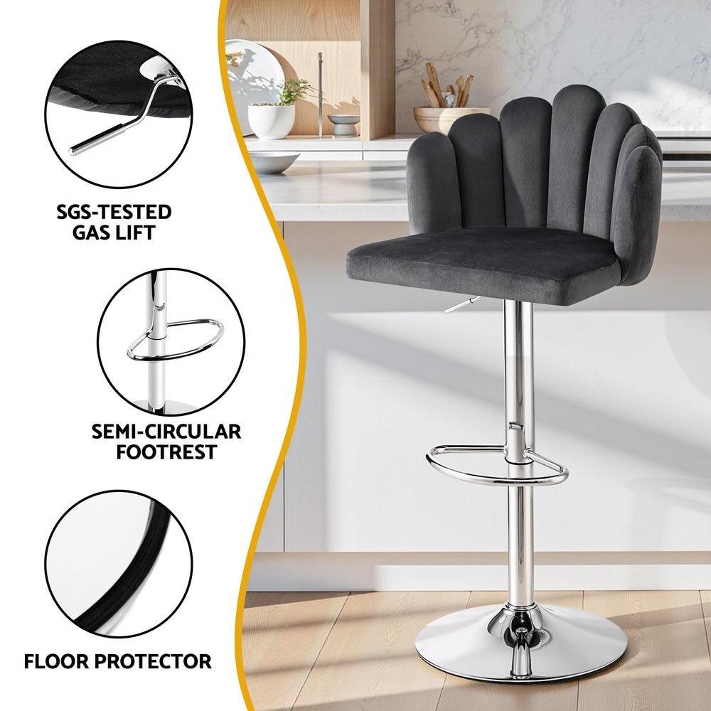 Artiss Bar Stool X2 Kitchen Dining Counter Gaslift Chair Adjustable Velvet Grey BA-B-B08-VEL-GYX2