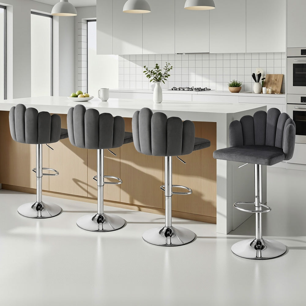 Artiss Bar Stool X4 Kitchen Dining Counter Gaslift Chair Adjustable Velvet Grey BA-B-B08-VEL-GYX4