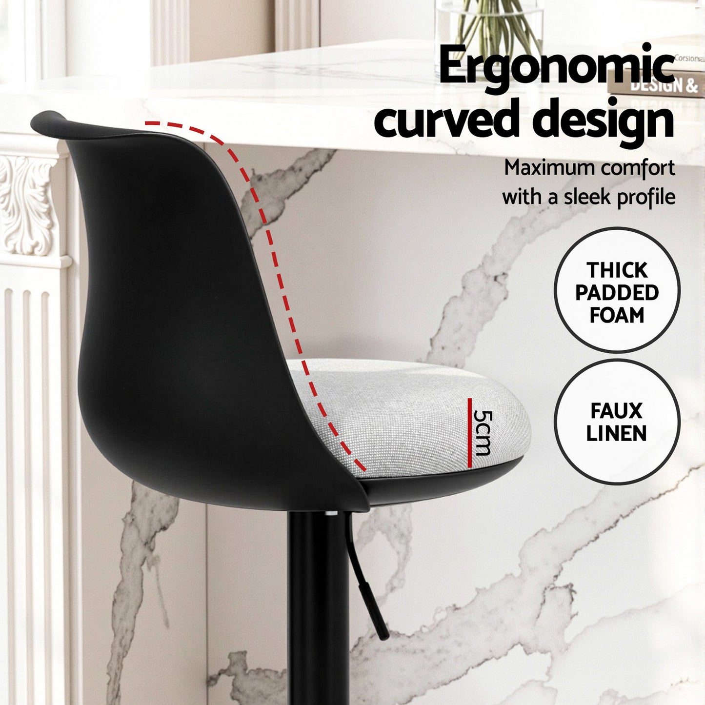 Artiss 2x Bar Stools Kitchen Swivel Gas Lift Counter Dining Chair Curved Black BA-BB-8097C-BKX2