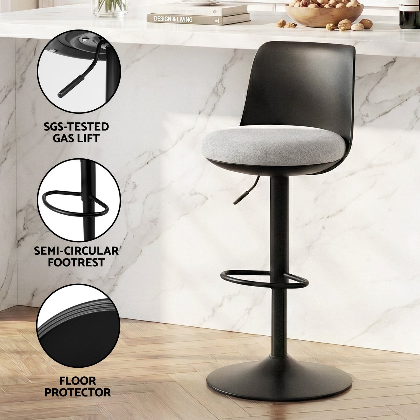 Artiss 2x Bar Stools Kitchen Swivel Gas Lift Counter Dining Chair Curved Black BA-BB-8097C-BKX2