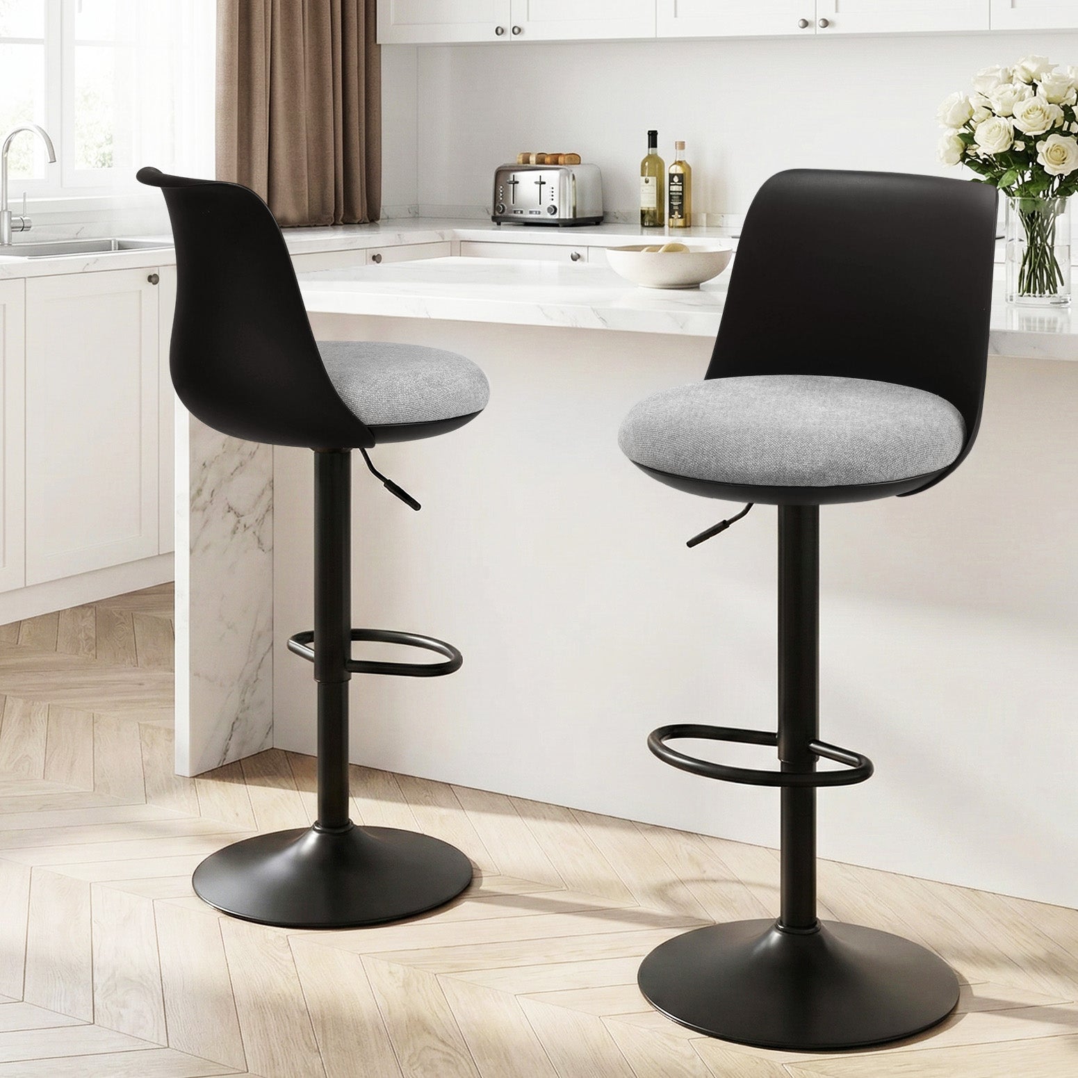 Artiss 2x Bar Stools Kitchen Swivel Gas Lift Counter Dining Chair Curved Black BA-BB-8097C-BKX2