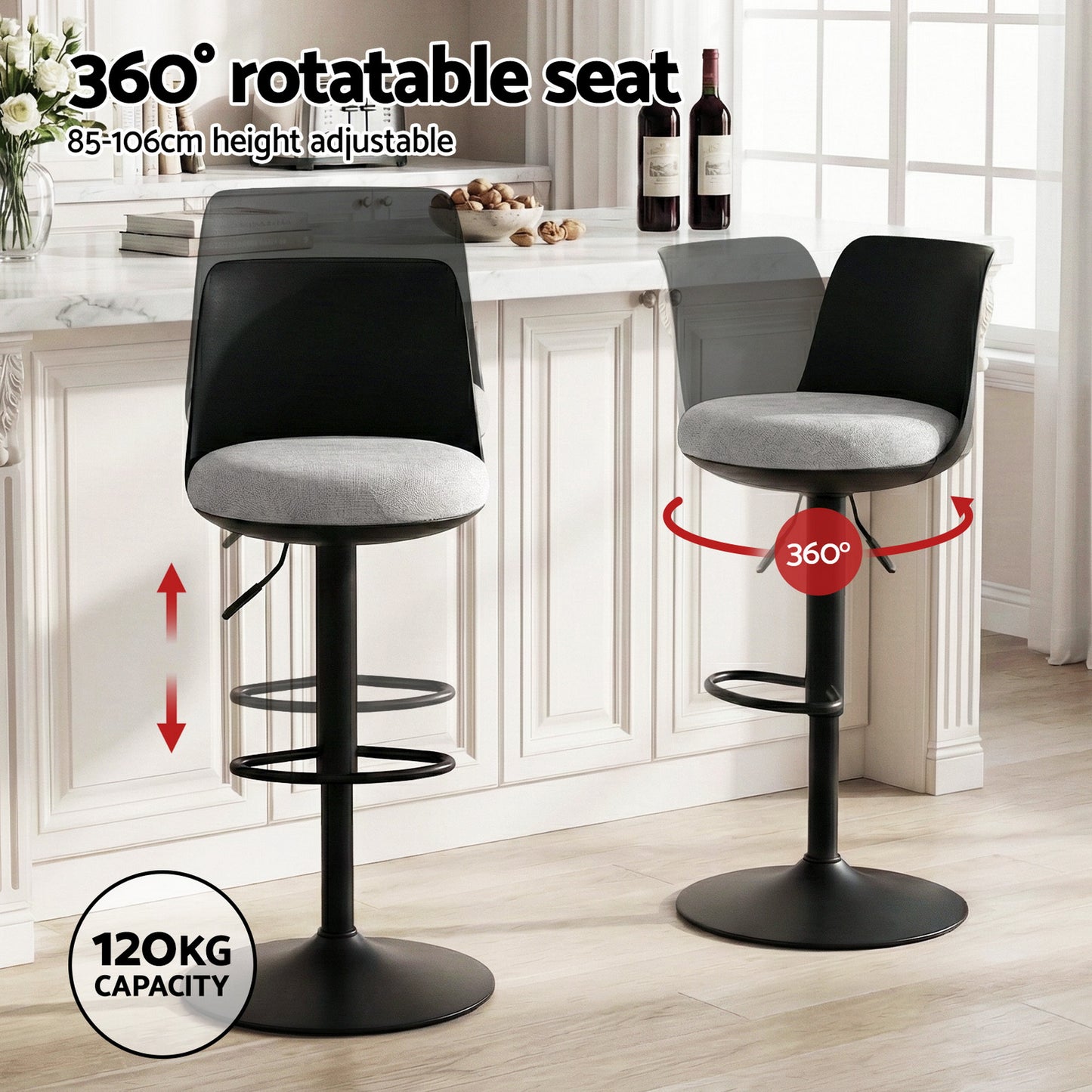 Artiss 4x Bar Stools Kitchen Swivel Gas Lift Counter Dining Chair Curved Black BA-BB-8097C-BKX4