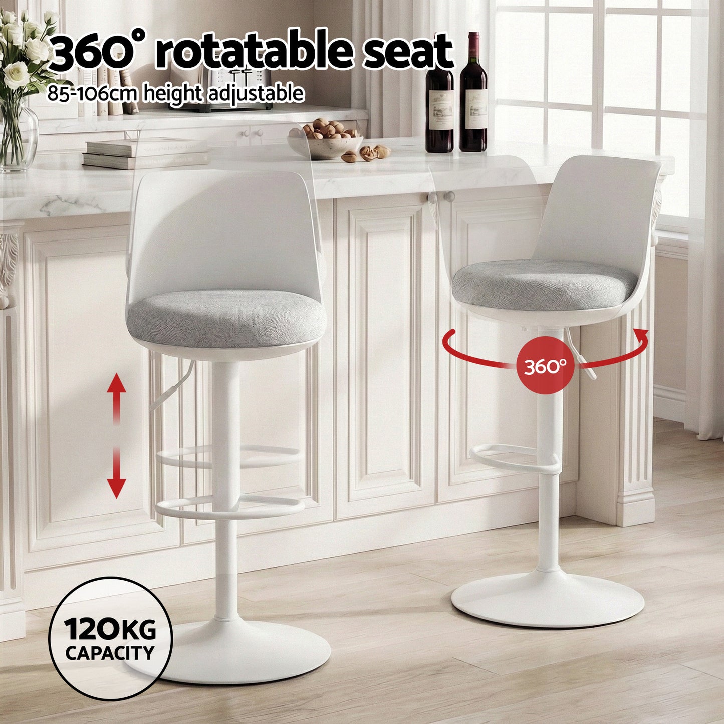 Artiss 2x Bar Stools Kitchen Swivel Gas Lift Counter Dining Chair Curved White BA-BB-8097C-WHX2