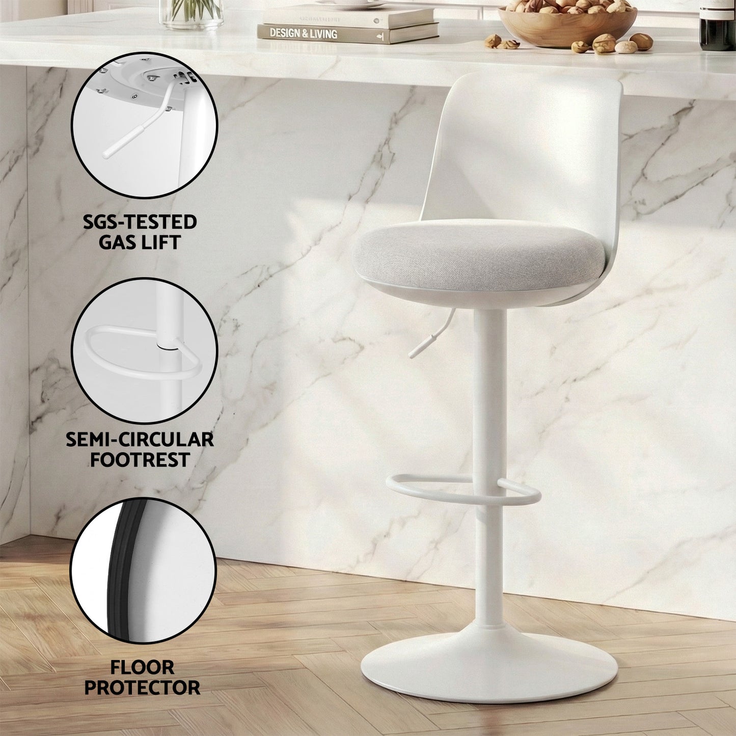 Artiss 2x Bar Stools Kitchen Swivel Gas Lift Counter Dining Chair Curved White BA-BB-8097C-WHX2