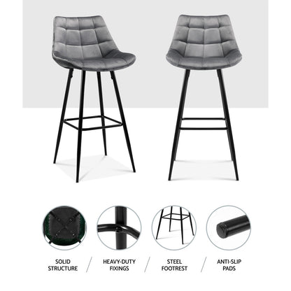 Artiss 2x Bar Stools Velvet Chairs Grey BA-K-0222-GYX2