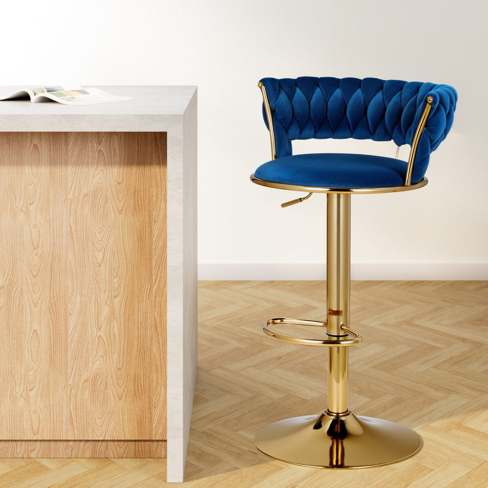 Artiss Bar Stools Gas Lift Velvet Woven Backrest Navy BA-K-1006-BL
