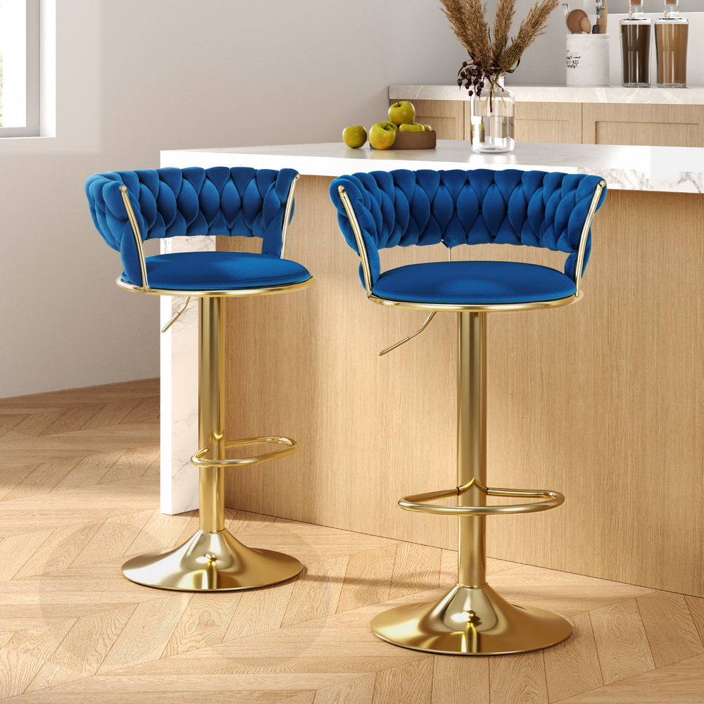 Artiss 2x Bar Stools Gas Lift Velvet Woven Backrest Navy BA-K-1006-BLX2