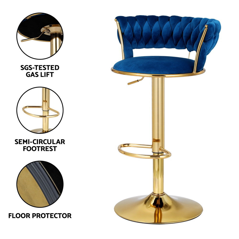 Artiss 2x Bar Stools Gas Lift Velvet Woven Backrest Navy BA-K-1006-BLX2