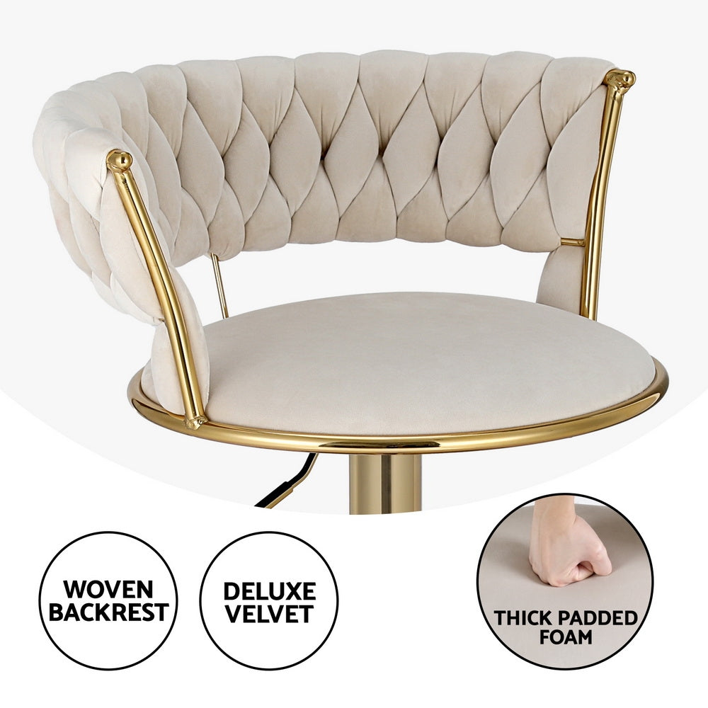 Artiss 2x Bar Stools Gas Lift Velvet Woven Backrest Ivory BA-K-1006-IVX2