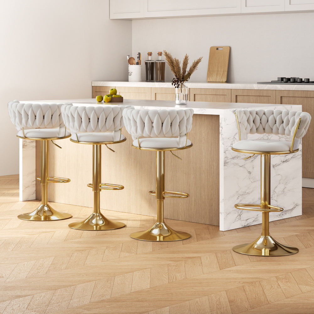 Artiss 4x Bar Stools Gas Lift Velvet Woven Backrest Ivory BA-K-1006-IVX4