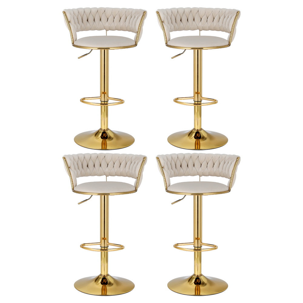 Artiss 4x Bar Stools Gas Lift Velvet Woven Backrest Ivory BA-K-1006-IVX4