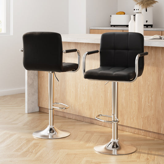 Artiss 2x Bar Stools Leather Gas Lift w/Armrest Black BA-K-1055A-BKX2
