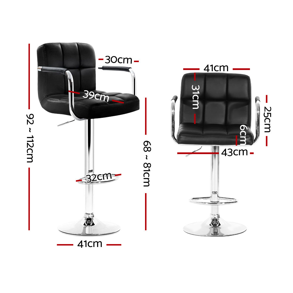 Artiss 2x Bar Stools Leather Gas Lift w/Armrest Black BA-K-1055A-BKX2