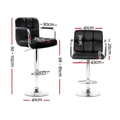 Artiss 2x Bar Stools Leather Gas Lift w/Armrest Black BA-K-1055A-BKX2