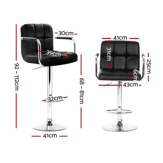 Artiss 2x Bar Stools Leather Gas Lift w/Armrest Black BA-K-1055A-BKX2