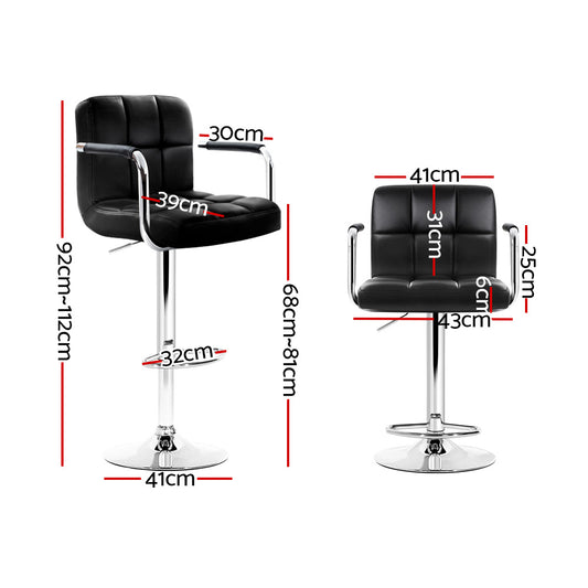 Artiss 4x Bar Stools Leather Gas Lift w/Armrest Black BA-K-1055A-BKX4