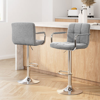 Artiss 2x Bar Stools Fabric Gas Lift w/Armrest Grey BA-K-1055A-FABRIC-GYX2