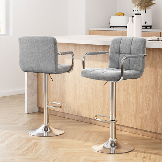 Artiss 2x Bar Stools Fabric Gas Lift w/Armrest Grey BA-K-1055A-FABRIC-GYX2