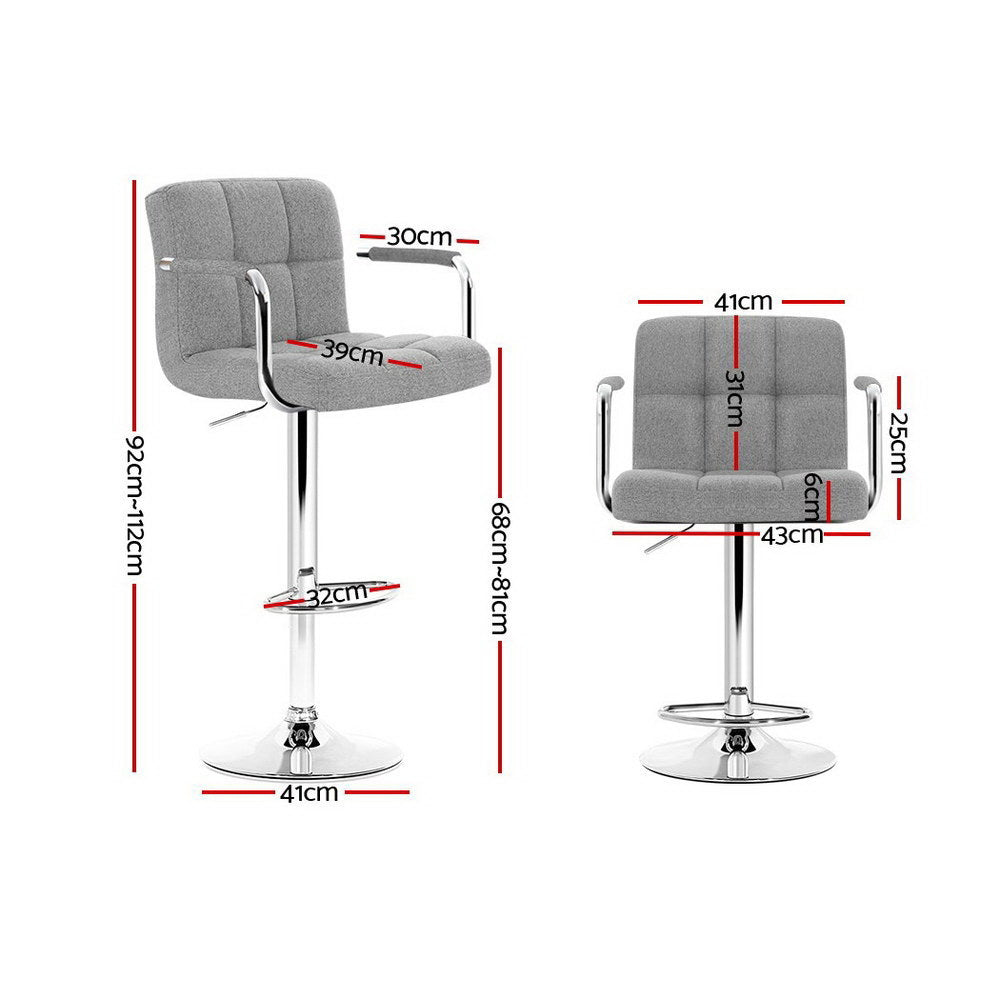 Artiss 2x Bar Stools Fabric Gas Lift w/Armrest Grey BA-K-1055A-FABRIC-GYX2