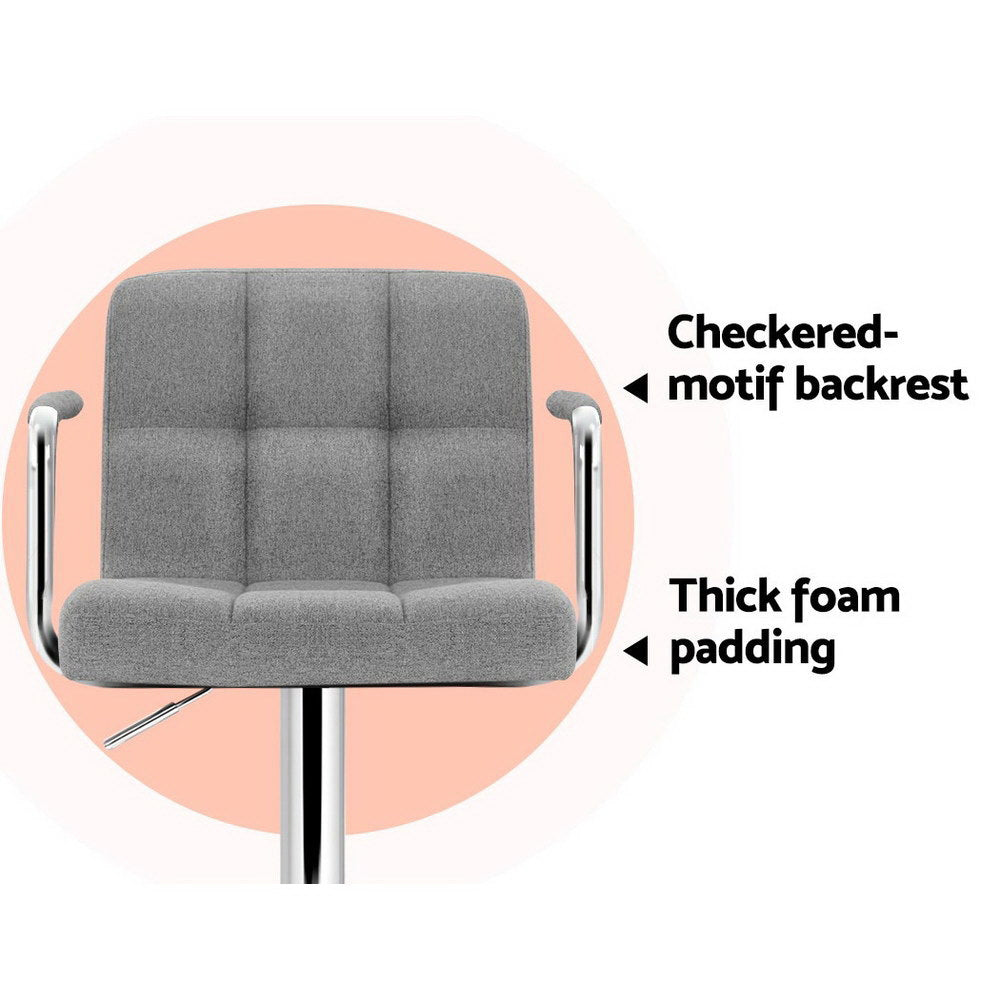 Artiss 2x Bar Stools Fabric Gas Lift w/Armrest Grey BA-K-1055A-FABRIC-GYX2