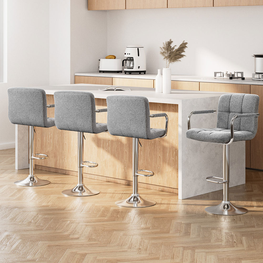 Artiss 4x Bar Stools Fabric Gas Lift w/Armrest Grey BA-K-1055A-FABRIC-GYX4