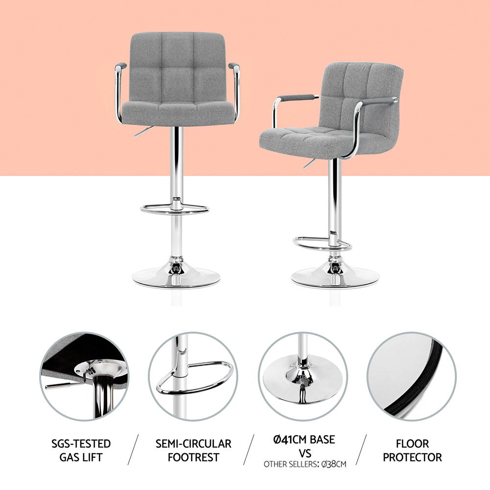 Artiss 4x Bar Stools Fabric Gas Lift w/Armrest Grey BA-K-1055A-FABRIC-GYX4
