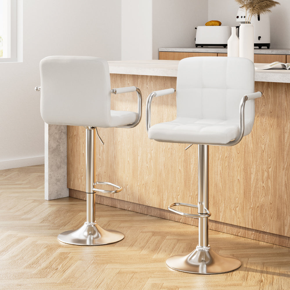 Artiss 2x Bar Stools Leather Gas Lift w/Armrest White BA-K-1055A-WHX2