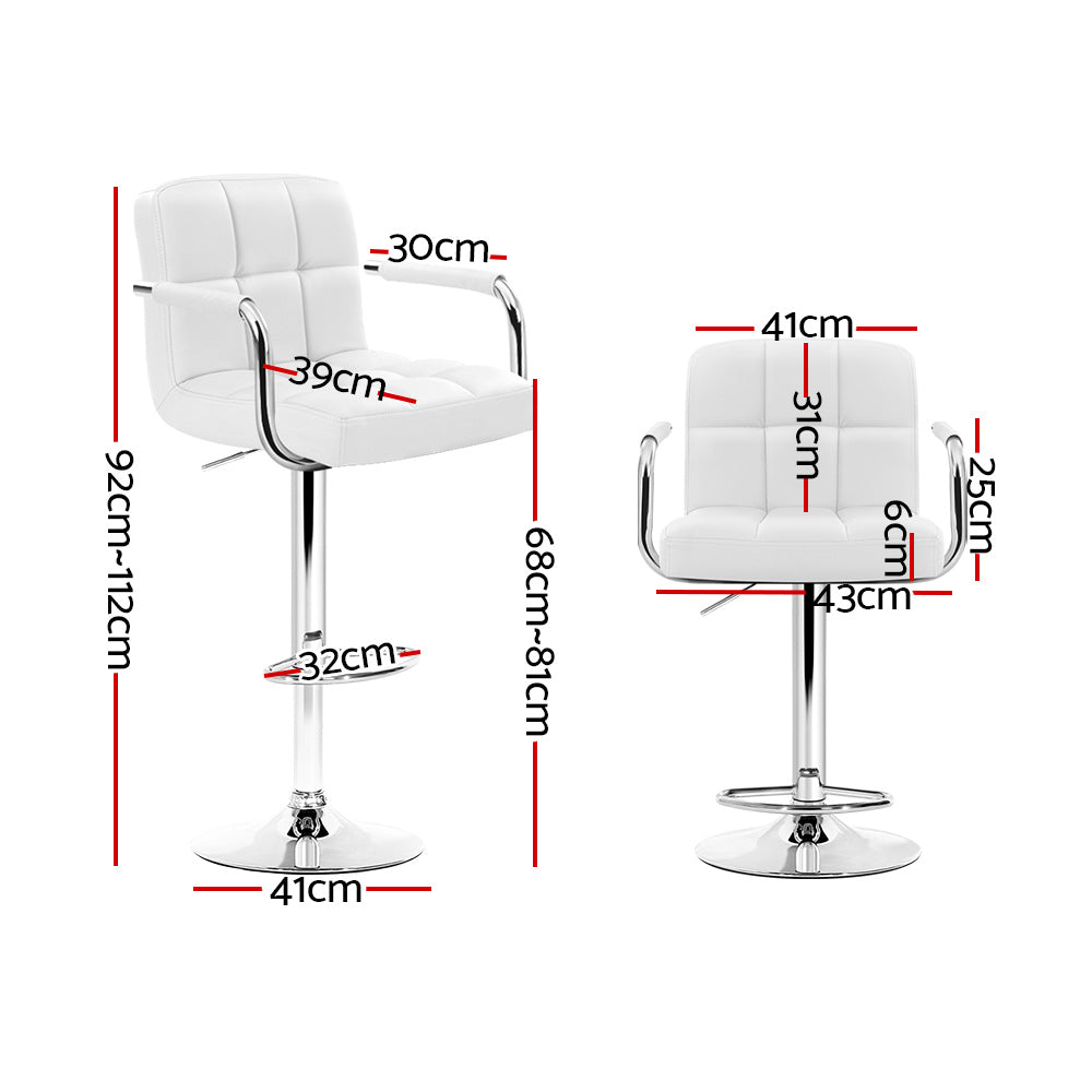 Artiss 2x Bar Stools Leather Gas Lift w/Armrest White BA-K-1055A-WHX2