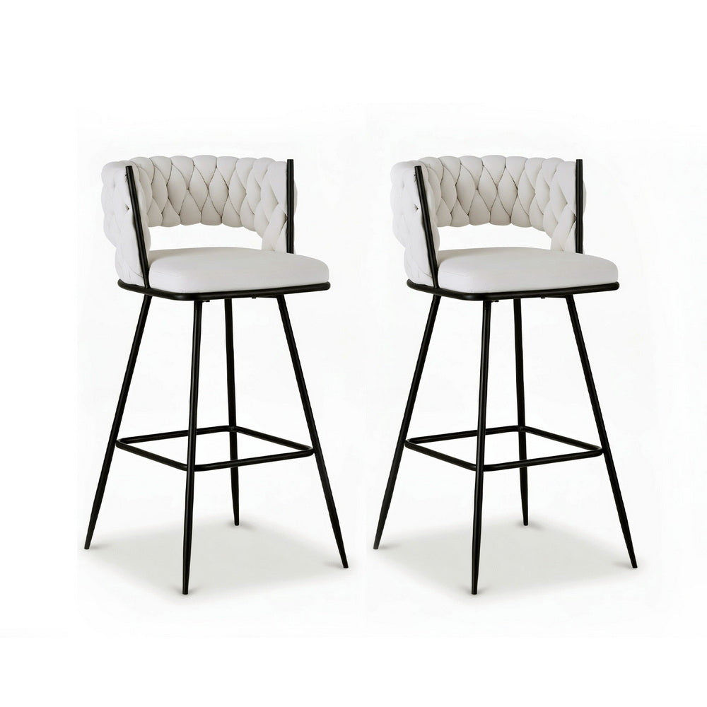 Artiss 2x Bar Stools Kitchen Dining Chair Counter Stool Woven Velvet Metal Ivory BA-K-1087-BGX2