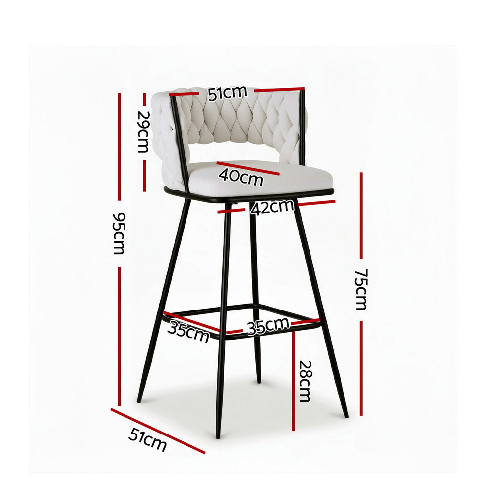 Artiss 2x Bar Stools Kitchen Dining Chair Counter Stool Woven Velvet Metal Ivory BA-K-1087-BGX2