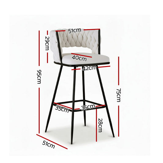 Artiss 2x Bar Stools Kitchen Dining Chair Counter Stool Woven Velvet Metal Ivory BA-K-1087-BGX2
