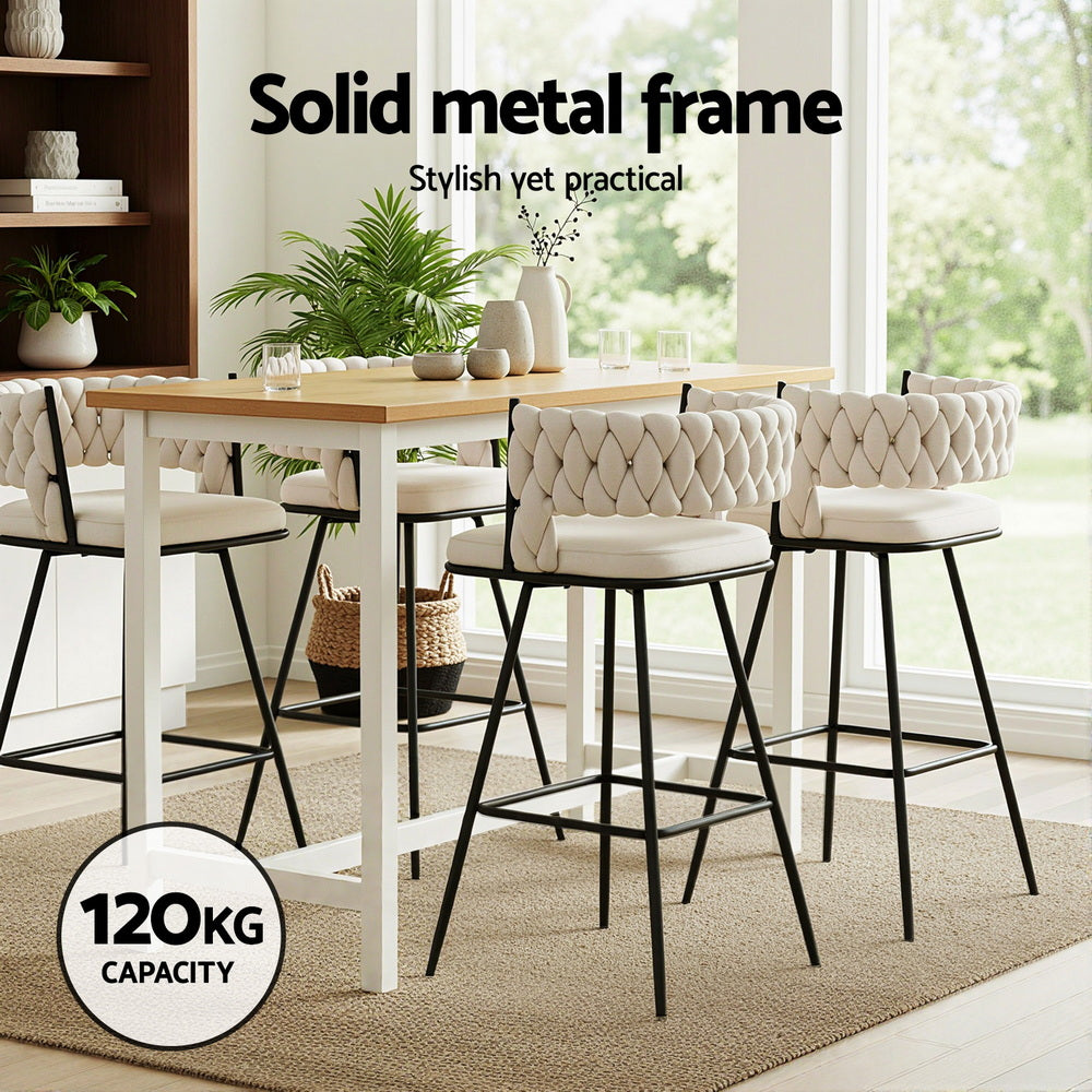 Artiss 2x Bar Stools Kitchen Dining Chair Counter Stool Woven Velvet Metal Ivory BA-K-1087-BGX2