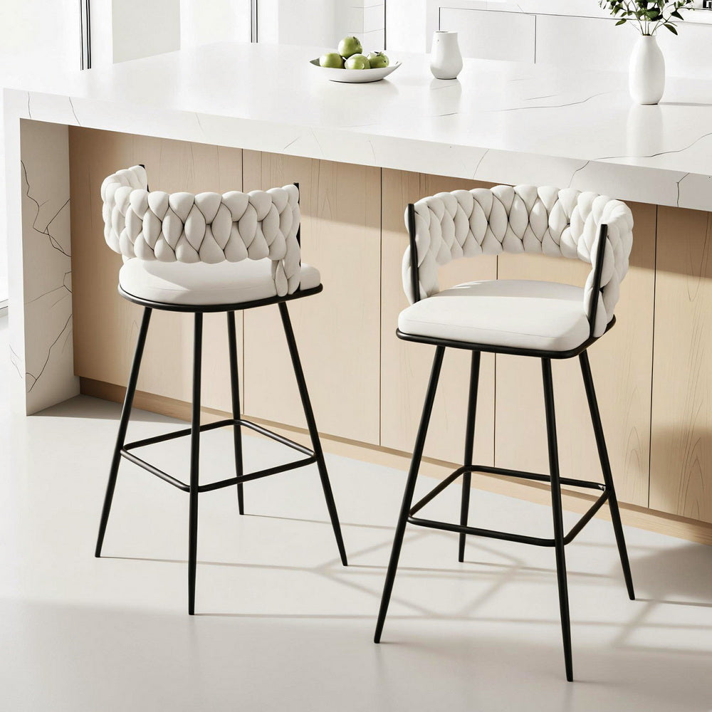 Artiss 2x Bar Stools Kitchen Dining Chair Counter Stool Woven Velvet Metal Ivory BA-K-1087-BGX2