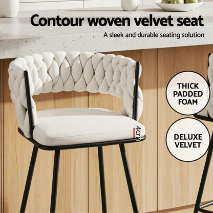 Artiss 4x Bar Stools Kitchen Dining Chair Counter Stool Woven Velvet Metal Ivory BA-K-1087-BGX4