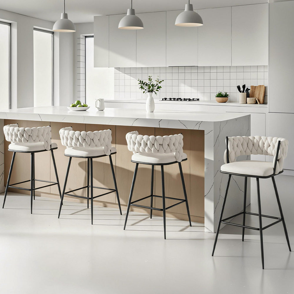 Artiss 4x Bar Stools Kitchen Dining Chair Counter Stool Woven Velvet Metal Ivory BA-K-1087-BGX4