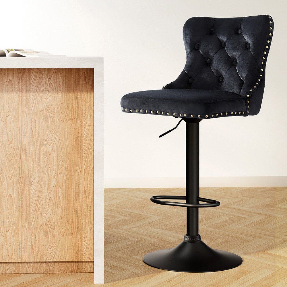 Artiss 1x Velvet Bar Stool Adjustable Height Nailhead Trim Kitchen Counter Stool BA-K-1105-BK