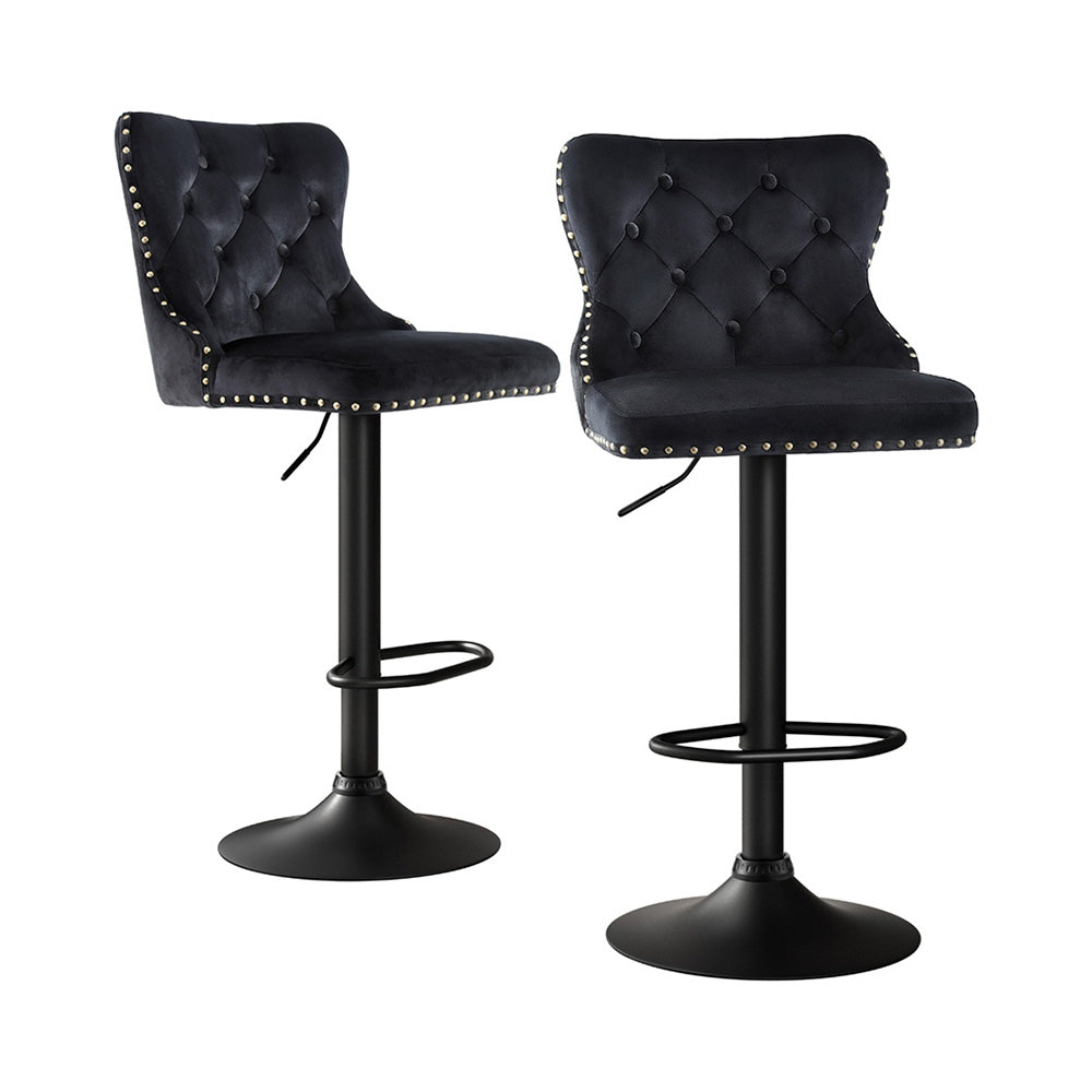 Artiss 2x Velvet Bar Stool Adjustable Height Nailhead Trim Kitchen Counter Stool BA-K-1105-BKX2