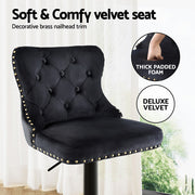 Artiss 2x Velvet Bar Stool Adjustable Height Nailhead Trim Kitchen Counter Stool BA-K-1105-BKX2