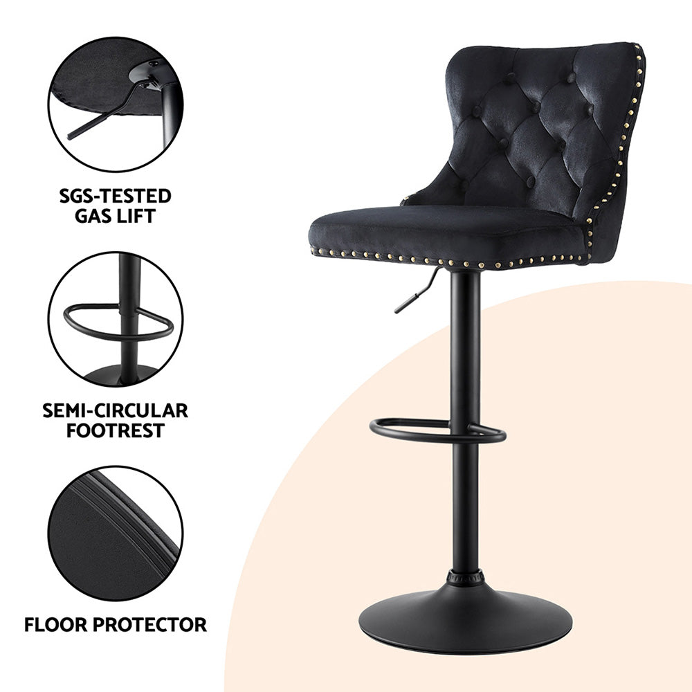 Artiss 2x Velvet Bar Stool Adjustable Height Nailhead Trim Kitchen Counter Stool BA-K-1105-BKX2