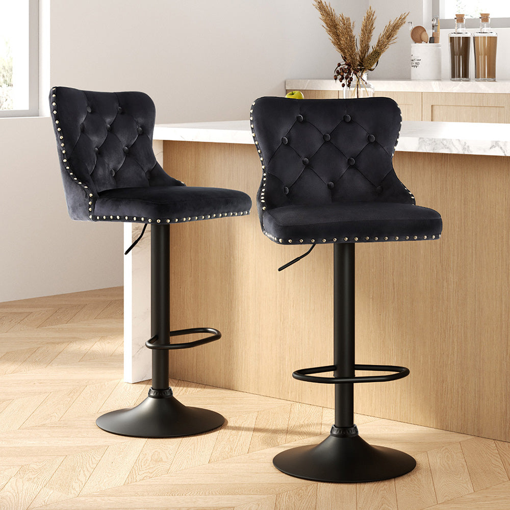 Artiss 2x Velvet Bar Stool Adjustable Height Nailhead Trim Kitchen Counter Stool BA-K-1105-BKX2